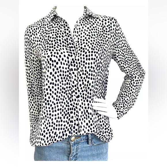 J. Crew Factory Button Up Long sleeved Black Polka Dot Blue on White Blouse XXS - Picture 1 of 8